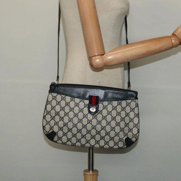 GUCCI GG Supreme Sherry Line Shoulder Bag PVC Navy Gold 39 02 026 Auth BA5255 - Picture 1 of 16